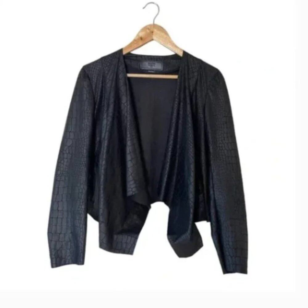 BLANK NYC Black Crocodile Faux Leather Suede Drape Front Jacket Size S